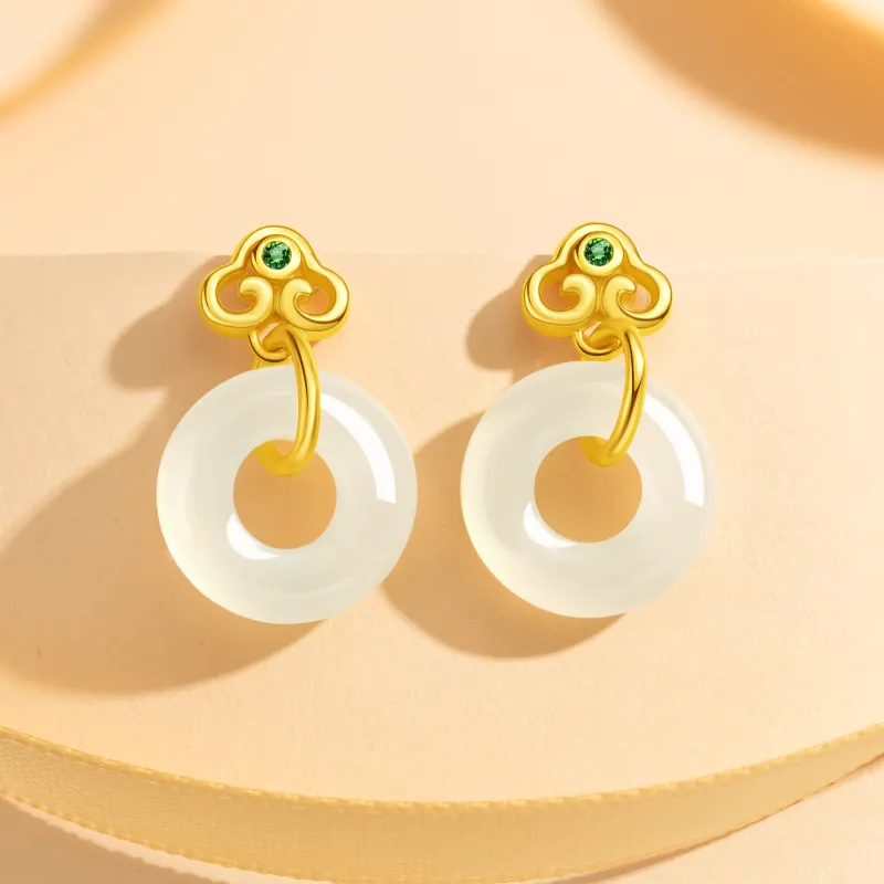 Lao Feng Xiang Hetian Jade Earrings Green Jade Women's-5