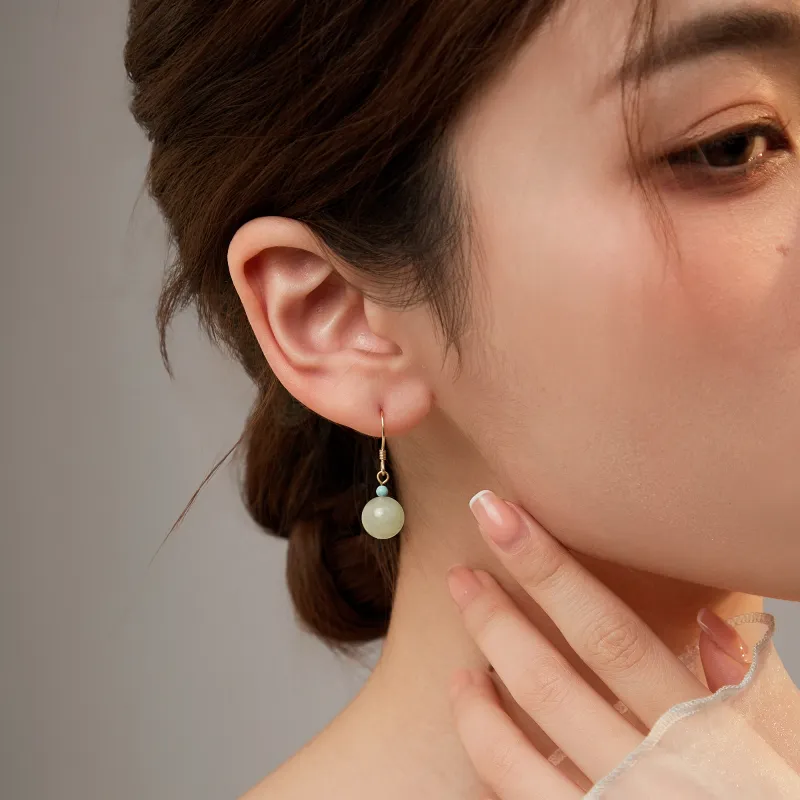 Lao Feng Xiang Hetian Jade Earrings Green Jade Women's-3