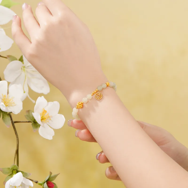 Lao Feng Xiang Beaded Bracelet Girl Green Jade Women's-1