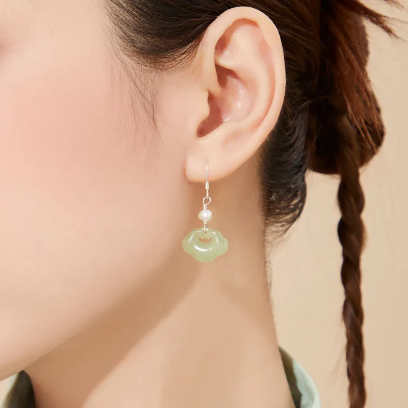 Lao Feng Xiang Hetian Jade Earrings Green Jade Women's-4