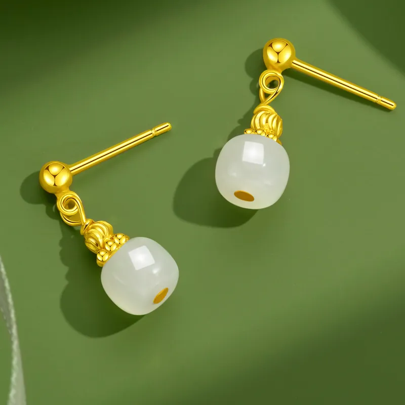 Lao Feng Xiang Hetian Jade Earrings Pale Greenish White Jade Women's-5