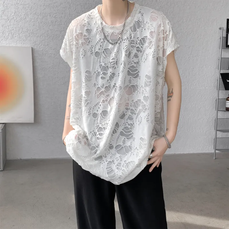 American Vintage Ripped Design Niche Cool Loose Fit Casual Sleeveless Tank Top Unisex-1