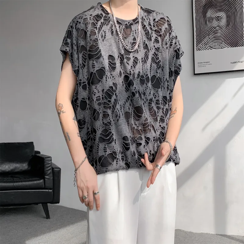 American Vintage Ripped Design Niche Cool Loose Fit Casual Sleeveless Tank Top Unisex-20