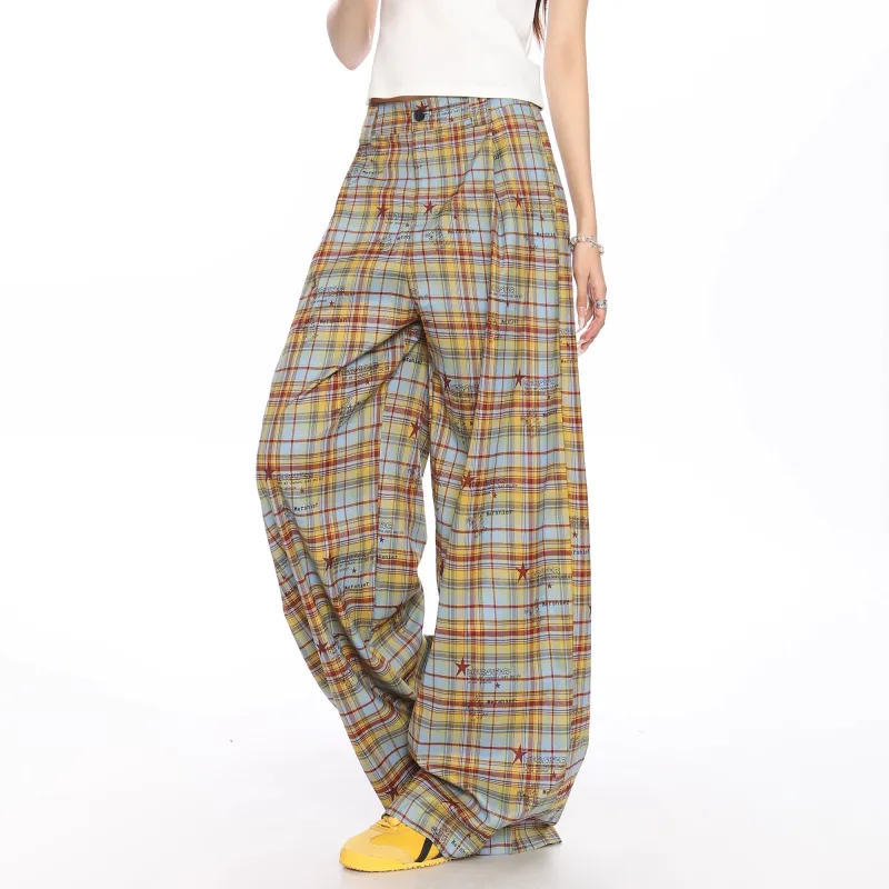 JIMI&JONS Casual Pants Unisex Yellow Blue Plaid-2