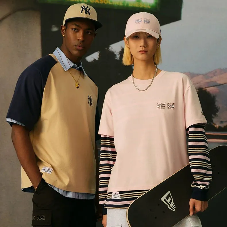 New Era Crew Neck Short Sleeved T Shirts Pink Unisex-3