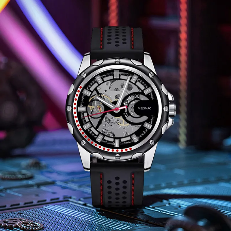 MELSMAO Mechanical Movement Silicone Strap Watch Men's Watches Cut-Out Dial-3