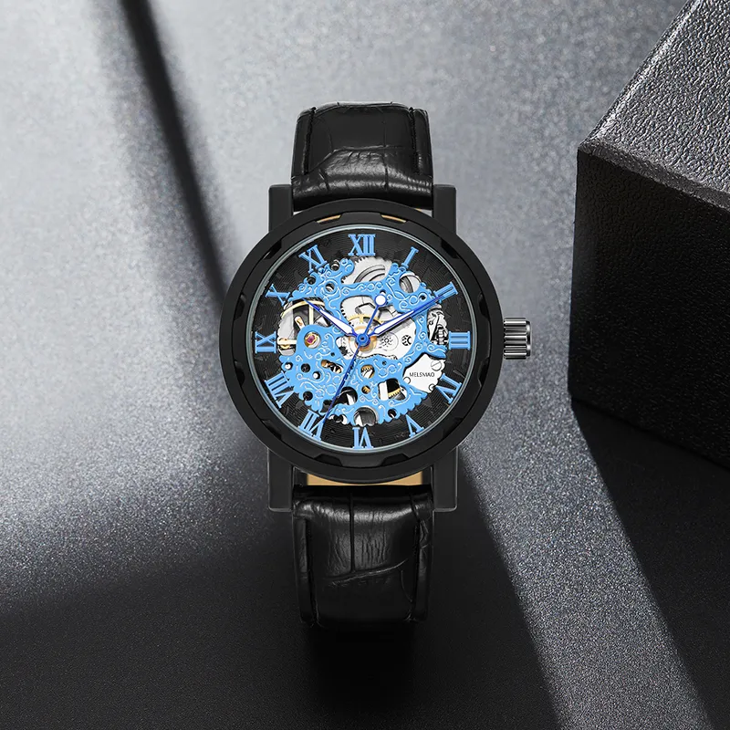 MELSMAO Semi-Automatic Wrist Watch Mechanical Movement Leather Watch Bands Watch Men's Watches Cut-Out Dial-16