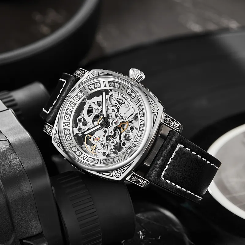 MELSMAO Mechanical Movement Leather Watch Bands Watch Men's Watches Black Dial-3