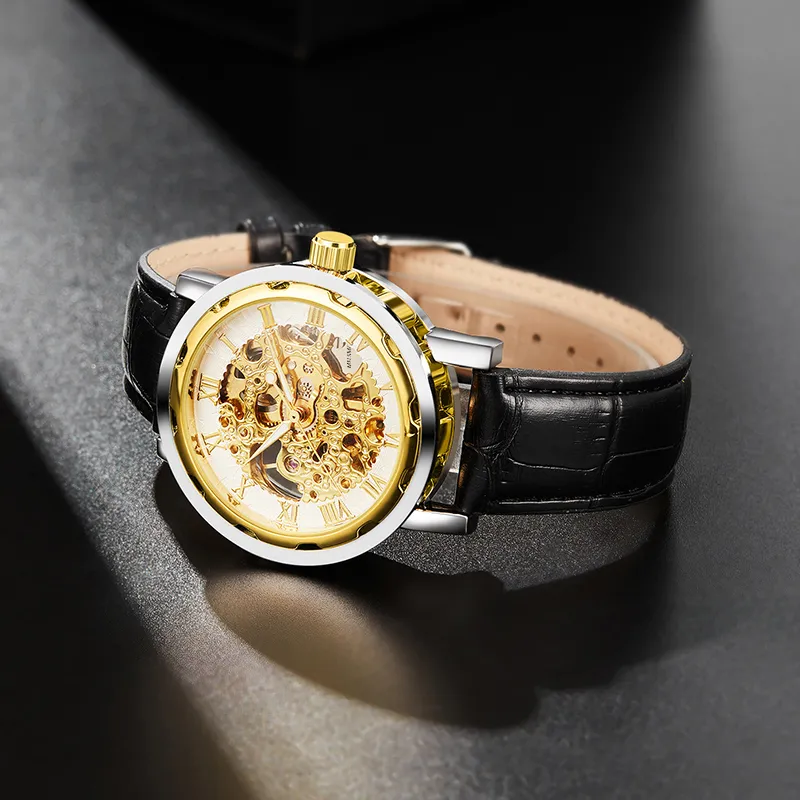 MELSMAO Semi-Automatic Wrist Watch Mechanical Movement Leather Watch Bands Watch Men's Watches Cut-Out Dial-23