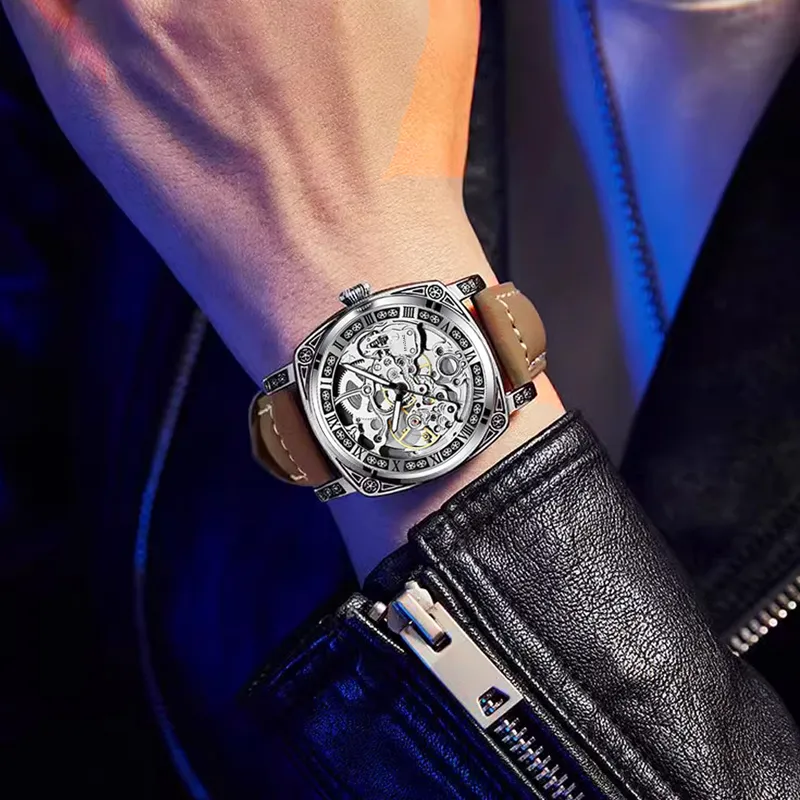 MELSMAO Mechanical Movement Leather Watch Bands Watch Men's Watches Black Dial-11