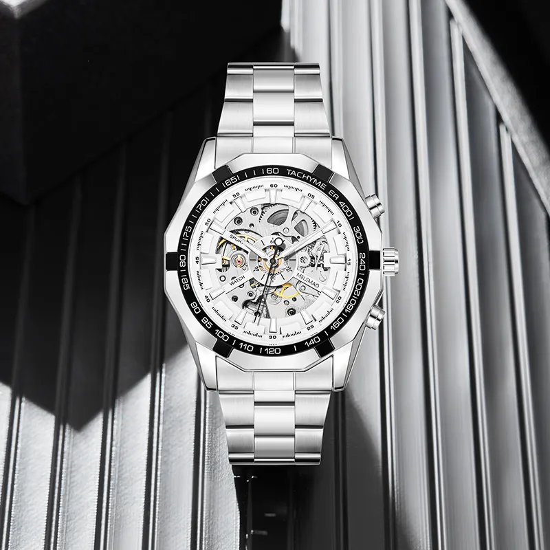 MELSMAO Refined Gentleman Mechanical Movement Alloy Strap Watch Men's Watches White Dial-5
