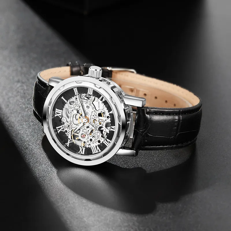 MELSMAO Semi-Automatic Wrist Watch Mechanical Movement Leather Watch Bands Watch Men's Watches Cut-Out Dial-5