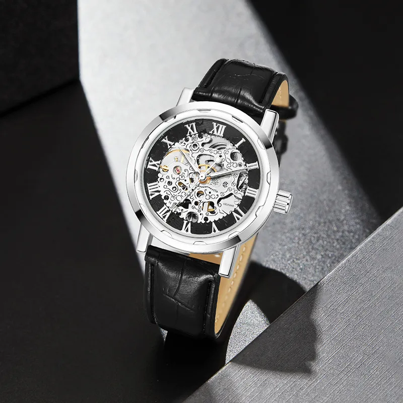 MELSMAO Semi-Automatic Wrist Watch Mechanical Movement Leather Watch Bands Watch Men's Watches Cut-Out Dial-4