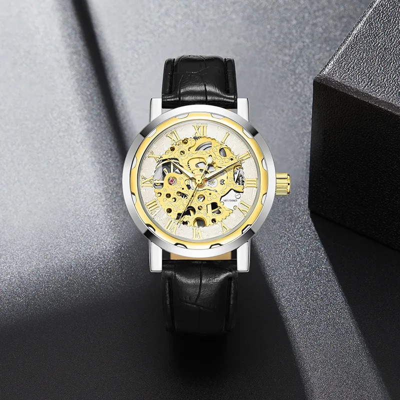MELSMAO Semi-Automatic Wrist Watch Mechanical Movement Leather Watch Bands Watch Men's Watches Cut-Out Dial-21