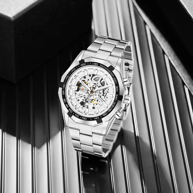 MELSMAO Refined Gentleman Mechanical Movement Alloy Strap Watch Men's Watches White Dial-4