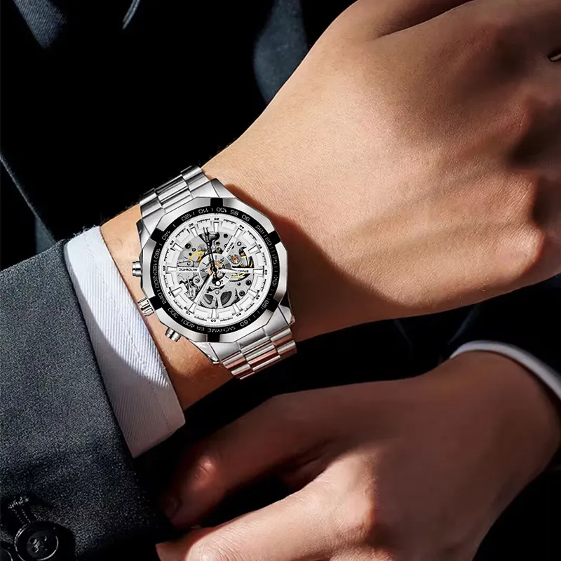 MELSMAO Refined Gentleman Mechanical Movement Alloy Strap Watch Men's Watches White Dial-7