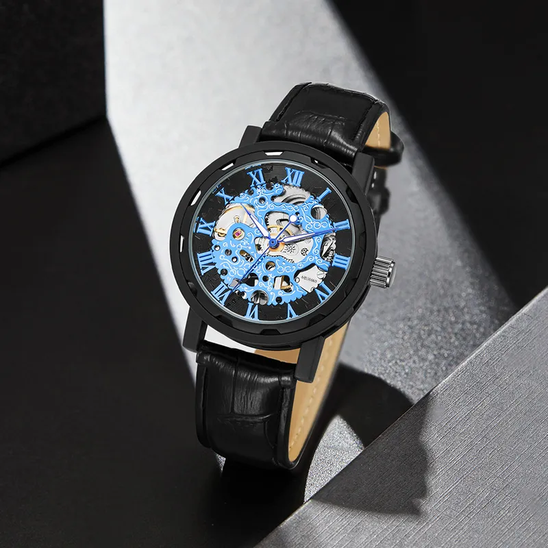 MELSMAO Semi-Automatic Wrist Watch Mechanical Movement Leather Watch Bands Watch Men's Watches Cut-Out Dial-17