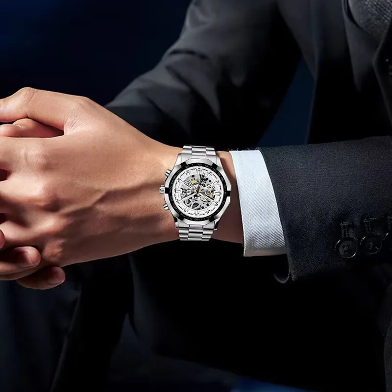MELSMAO Refined Gentleman Mechanical Movement Alloy Strap Watch Men's Watches White Dial-6
