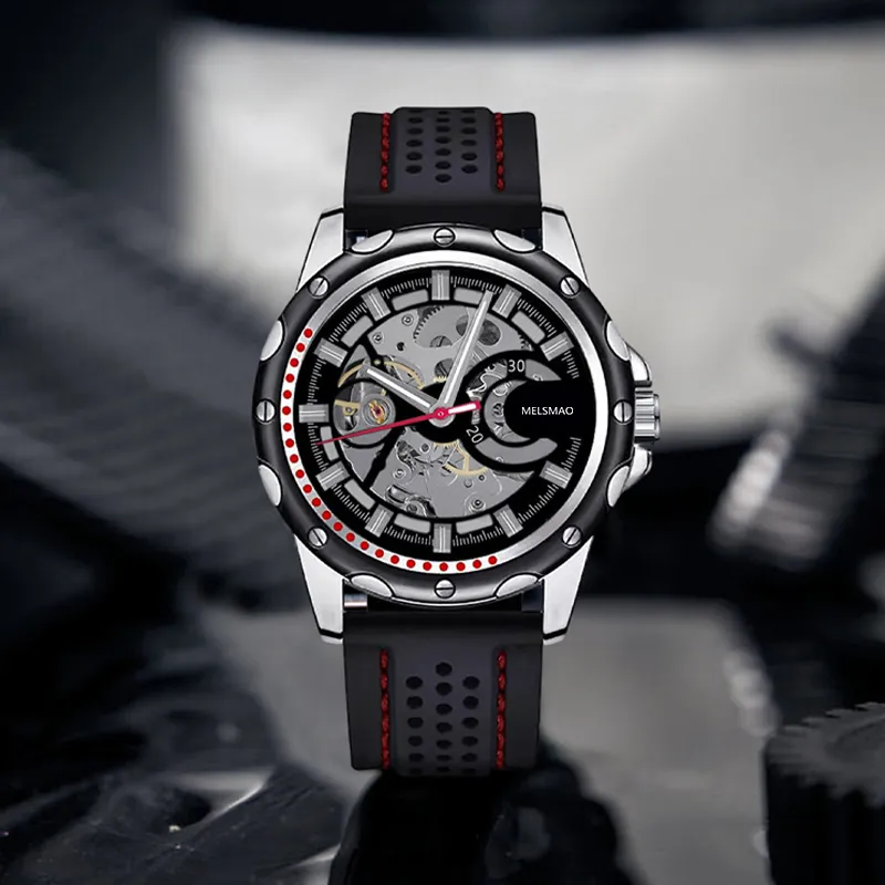 MELSMAO Mechanical Movement Silicone Strap Watch Men's Watches Cut-Out Dial-4