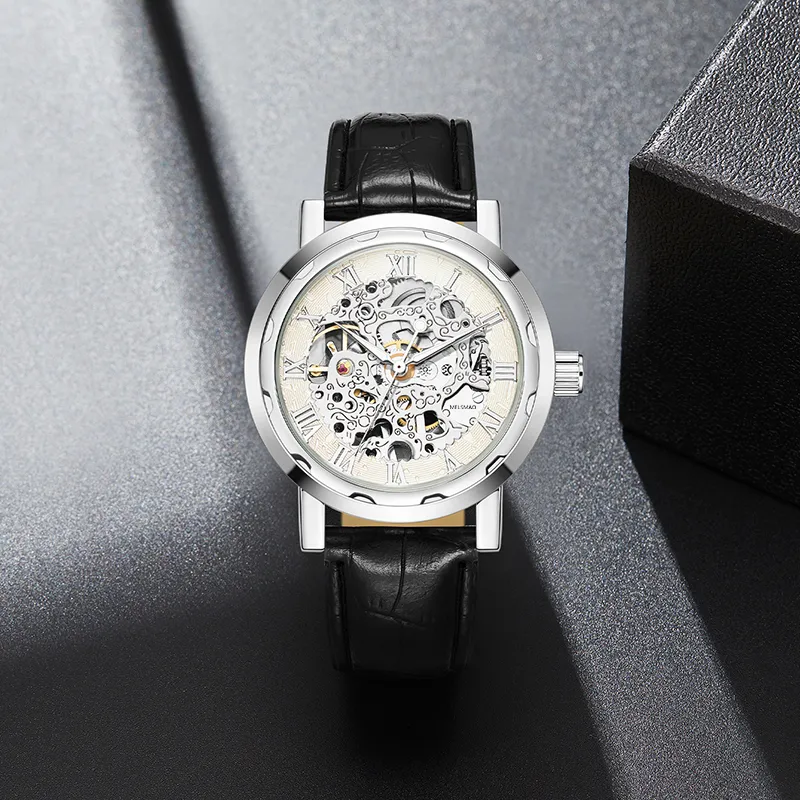 MELSMAO Semi-Automatic Wrist Watch Mechanical Movement Leather Watch Bands Watch Men's Watches Cut-Out Dial-10