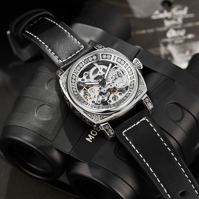 MELSMAO Mechanical Movement Leather Watch Bands Watch Men's Watches Black Dial-4