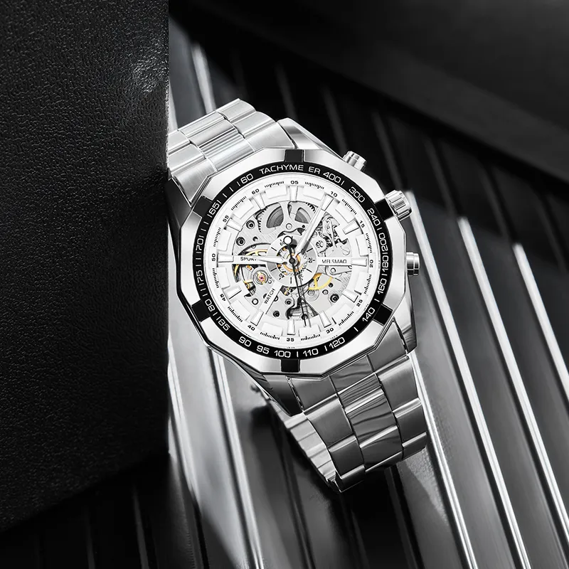 MELSMAO Refined Gentleman Mechanical Movement Alloy Strap Watch Men's Watches White Dial-3