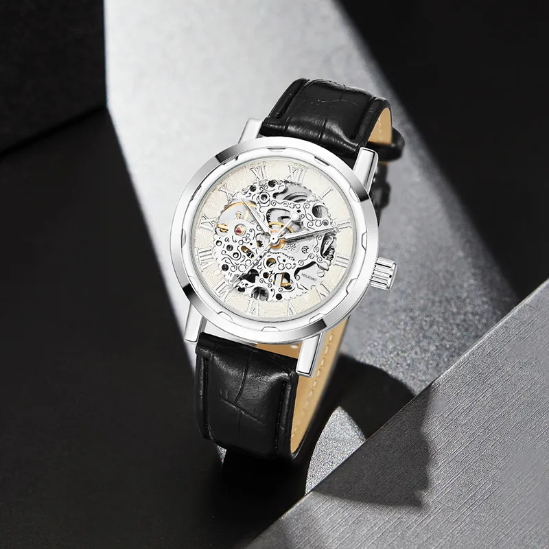 MELSMAO Semi-Automatic Wrist Watch Mechanical Movement Leather Watch Bands Watch Men's Watches Cut-Out Dial-9