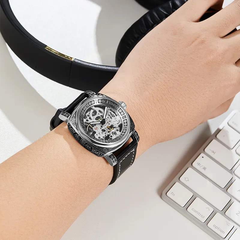 MELSMAO Mechanical Movement Leather Watch Bands Watch Men's Watches Black Dial-6