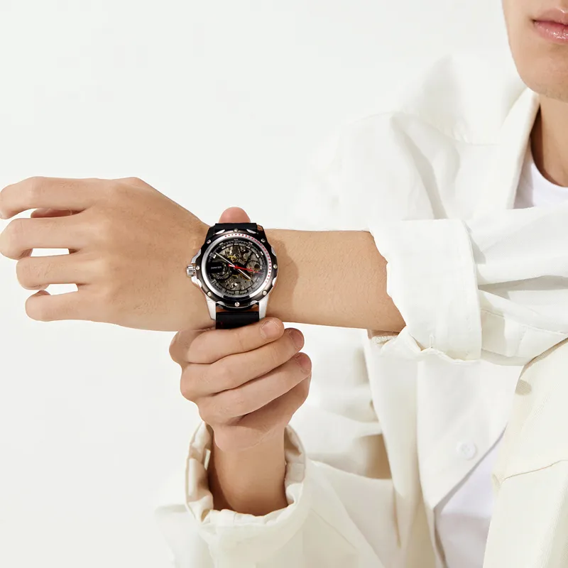 MELSMAO Mechanical Movement Silicone Strap Watch Men's Watches Cut-Out Dial-7