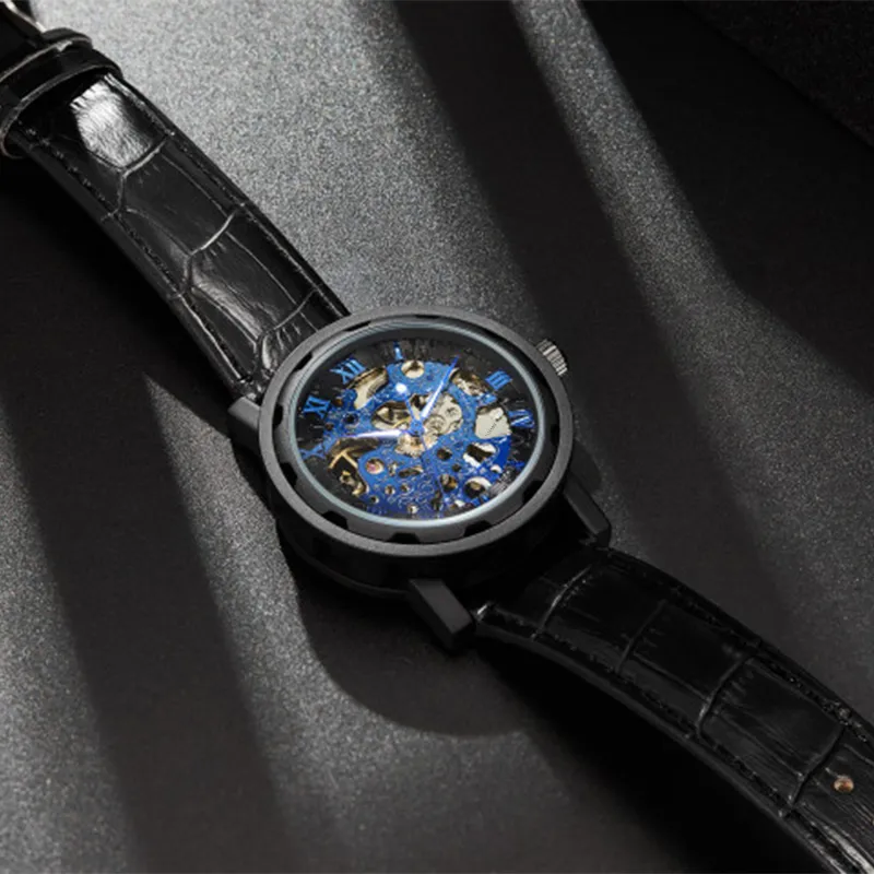 MELSMAO Semi-Automatic Wrist Watch Mechanical Movement Leather Watch Bands Watch Men's Watches Cut-Out Dial-15