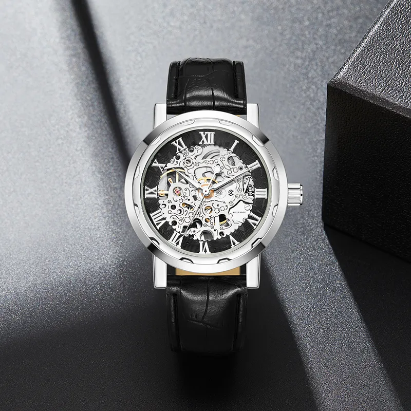 MELSMAO Semi-Automatic Wrist Watch Mechanical Movement Leather Watch Bands Watch Men's Watches Cut-Out Dial-3