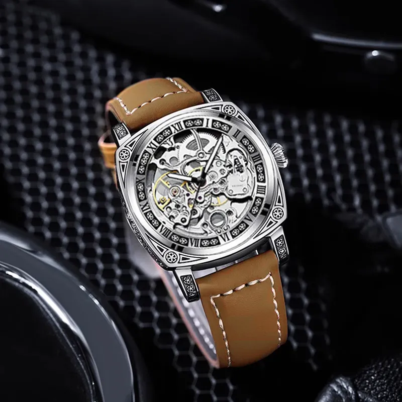 MELSMAO Mechanical Movement Leather Watch Bands Watch Men's Watches Black Dial-10
