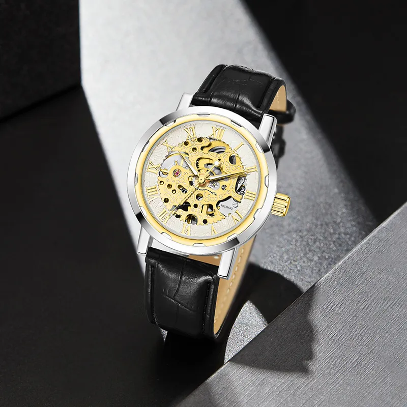 MELSMAO Semi-Automatic Wrist Watch Mechanical Movement Leather Watch Bands Watch Men's Watches Cut-Out Dial-22