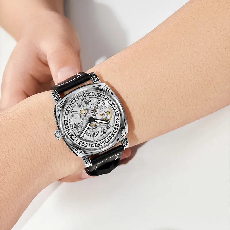 MELSMAO Mechanical Movement Leather Watch Bands Watch Men's Watches Black Dial-5