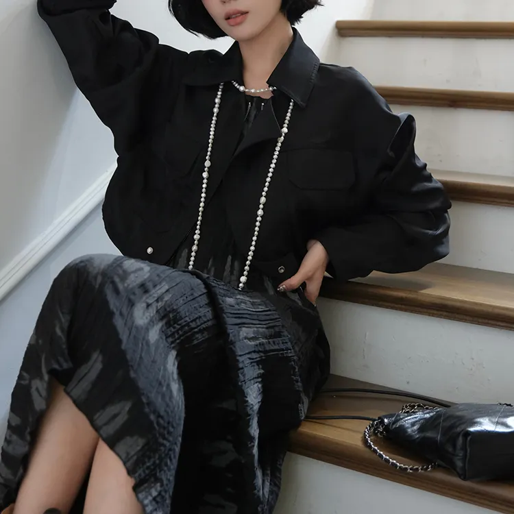 YUMOMO STAR Cropped Coats Women's Elegant Black-3