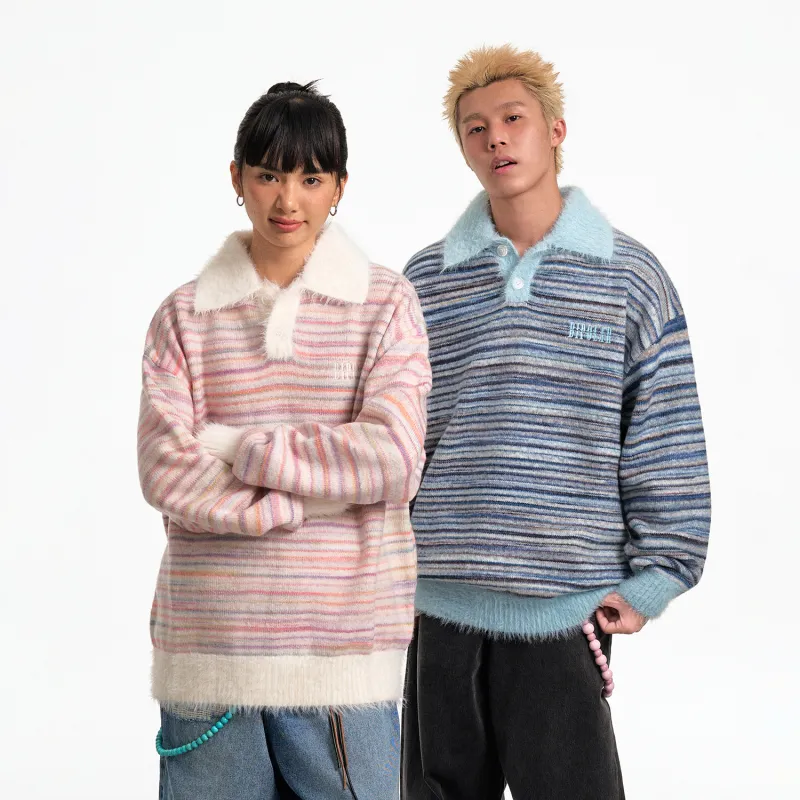 BIPOLAR POLO Sweater Unisex Colorful Striped Blue-4