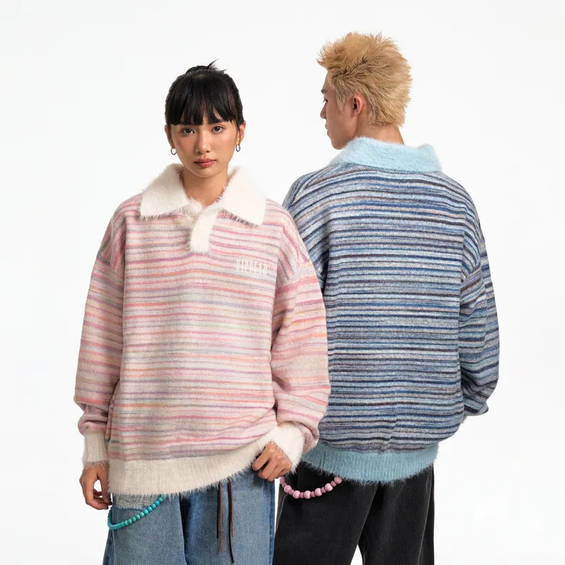 BIPOLAR POLO Sweater Unisex Colorful Striped Blue-9