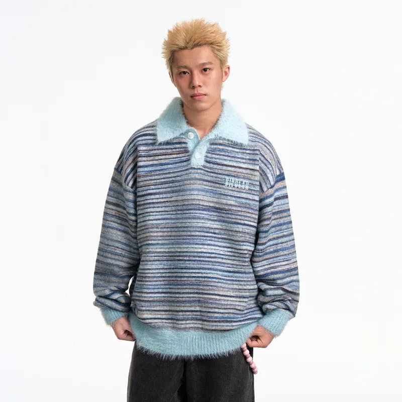 BIPOLAR POLO Sweater Unisex Colorful Striped Blue-7