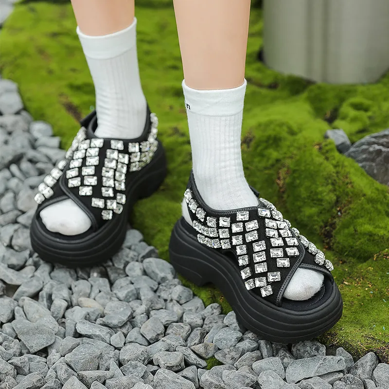 BLOCCO5 Height Increasing Rhinestone Hook and Loop Outdoor Slippers Strap Sandals Medium Heel 3 5cm Women's Black-1