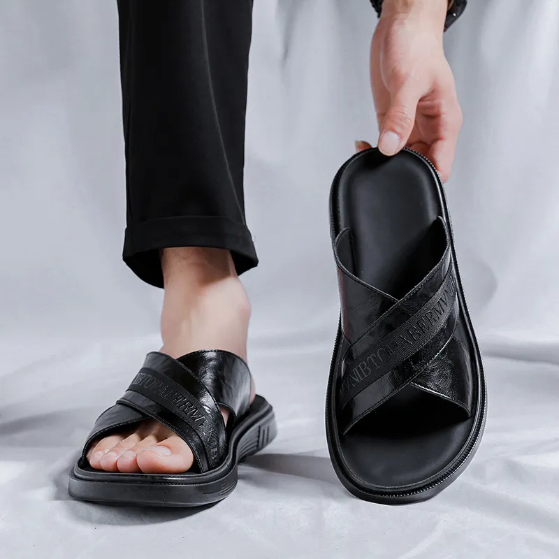 V ZERO FIVE Rubber Sole Leather Patchwork Slip Resistant Abrasion Resistant Slide Slippers Men's Black Youth Trends-7