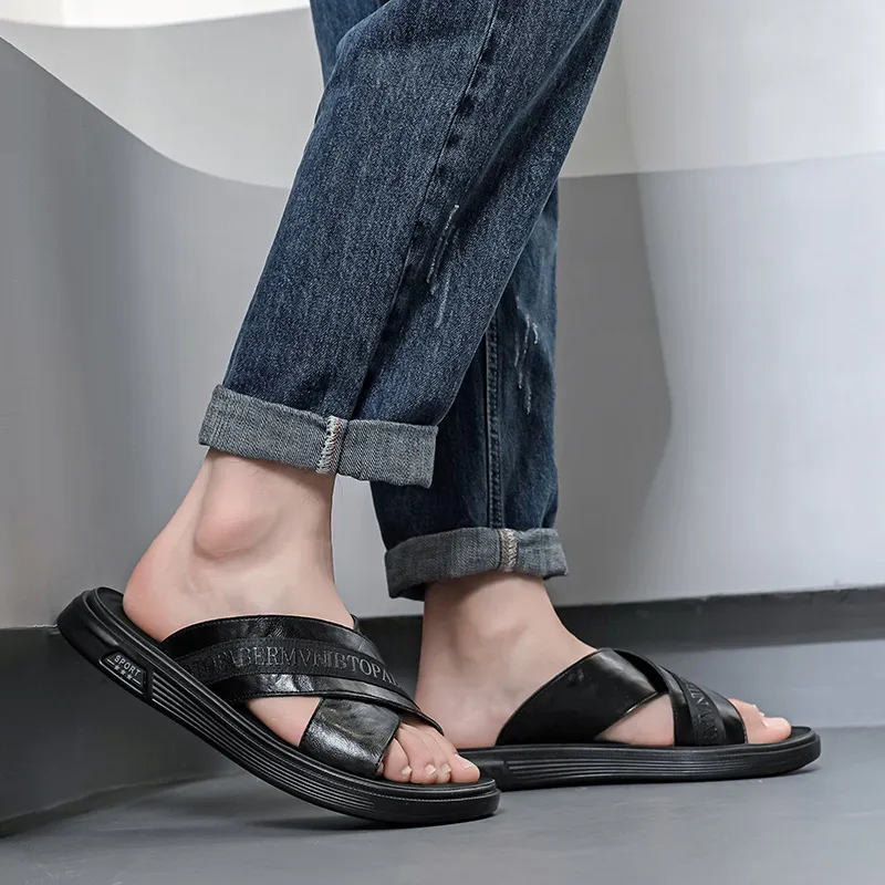 V ZERO FIVE Rubber Sole Leather Patchwork Slip Resistant Abrasion Resistant Slide Slippers Men's Black Youth Trends-2