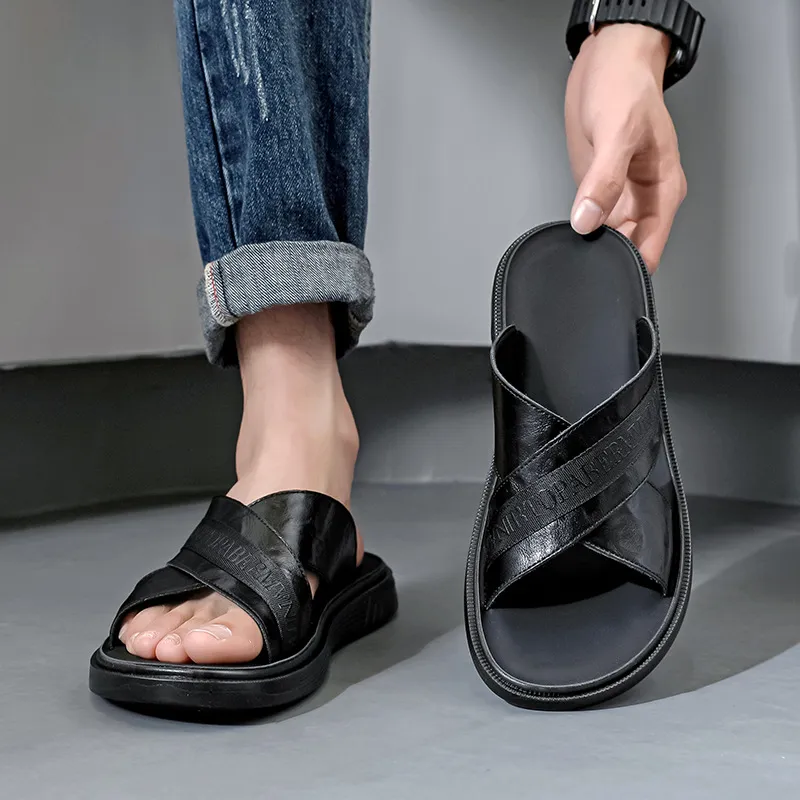 V ZERO FIVE Rubber Sole Leather Patchwork Slip Resistant Abrasion Resistant Slide Slippers Men's Black Youth Trends-3