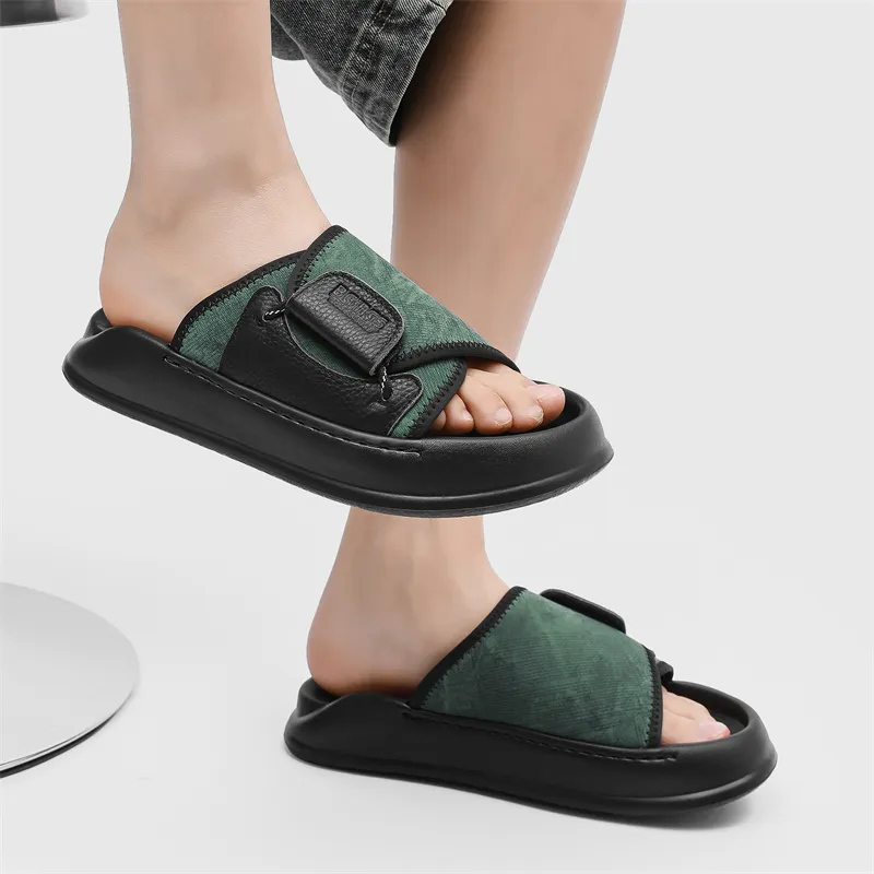 V ZERO FIVE Rubber Sole Leather Patchwork Slip Resistant Shock Absorbers Slide Slippers Men's-13