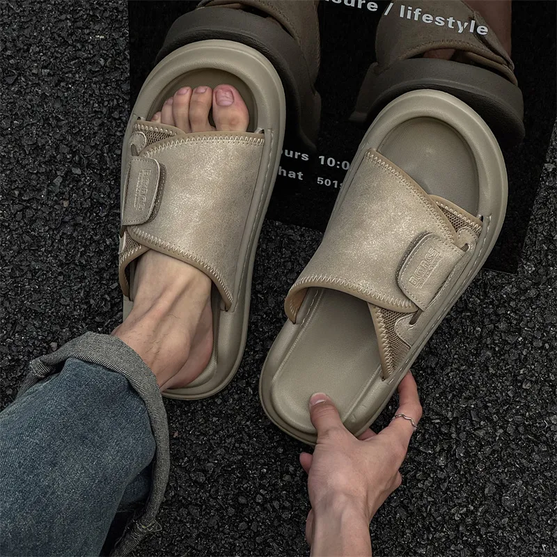 V ZERO FIVE Rubber Sole Leather Patchwork Slip Resistant Shock Absorbers Slide Slippers Men's-22
