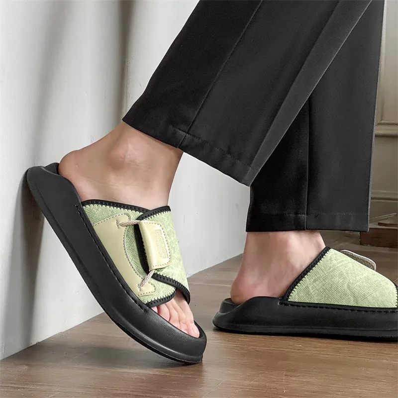 V ZERO FIVE Rubber Sole Leather Patchwork Slip Resistant Shock Absorbers Slide Slippers Men's-18