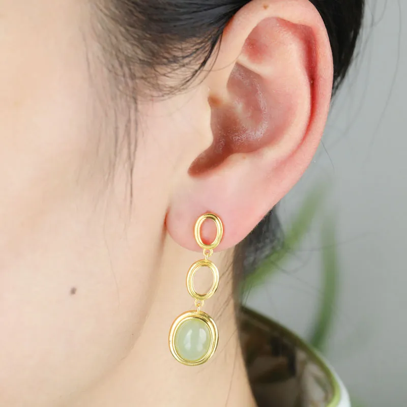 Xiaoyinjiang Hetian Jade Earrings Pale Greenish White Jade Women's-3