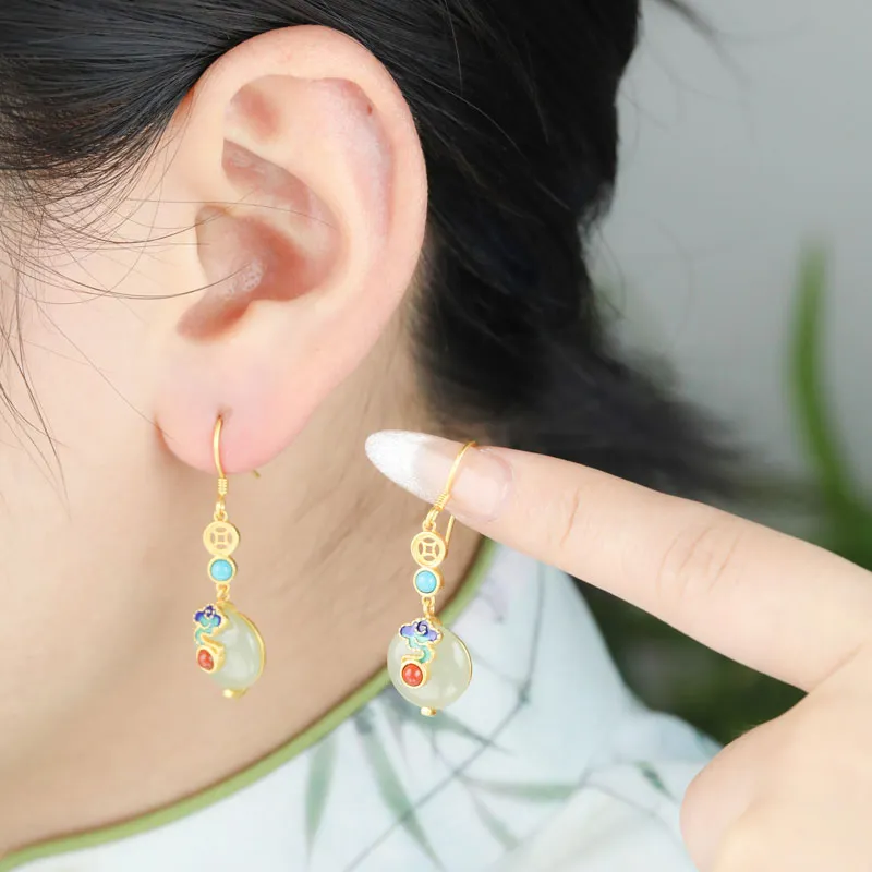 Xiaoyinjiang Hetian Jade Earrings Pale Greenish White Jade Women's-2
