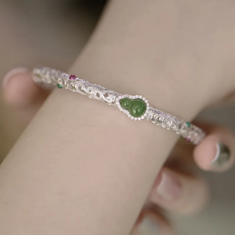 Xiaoyinjiang 925 Sterling Silver Hetian Jade Bangle Bracelet Silver Bangle Women's Jasper-5