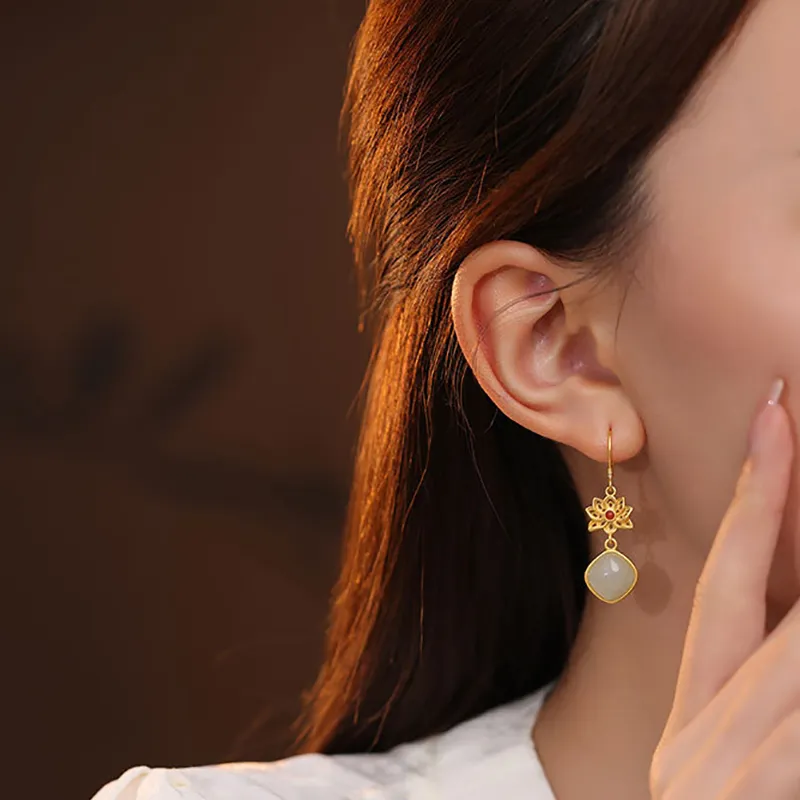 Xiaoyinjiang 925 Sterling Silver Hetian Jade Earrings Women's Pale Greenish White Jade-1