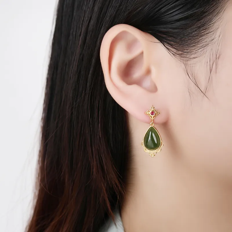 Xiaoyinjiang S925 Silver Hetian Jade Hoop Earrings Women's Jasper-1